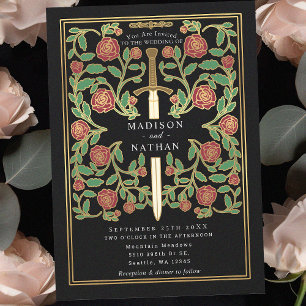 Black Royal Sword Blommigt Medieval Fantasy Bröllo Inbjudningar