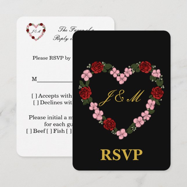 Black RSVP card with a pink and red heart OSA Kort (Fram/baksida)