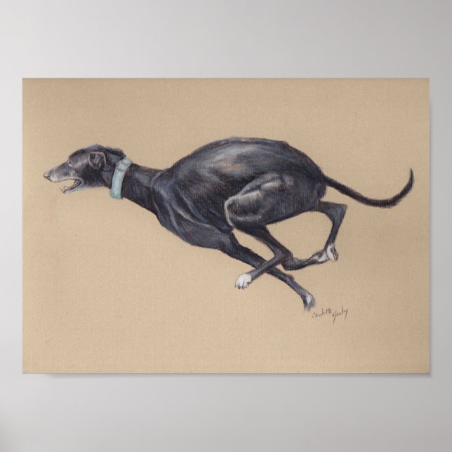 Black Running Greyhound Hund Art-utskrift Poster (Framsidan)