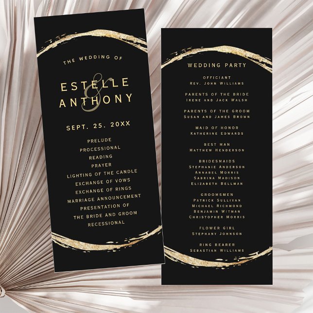 Black Rustic Guld Circle Ram Ampersand Bröllop Program (Front & Back)