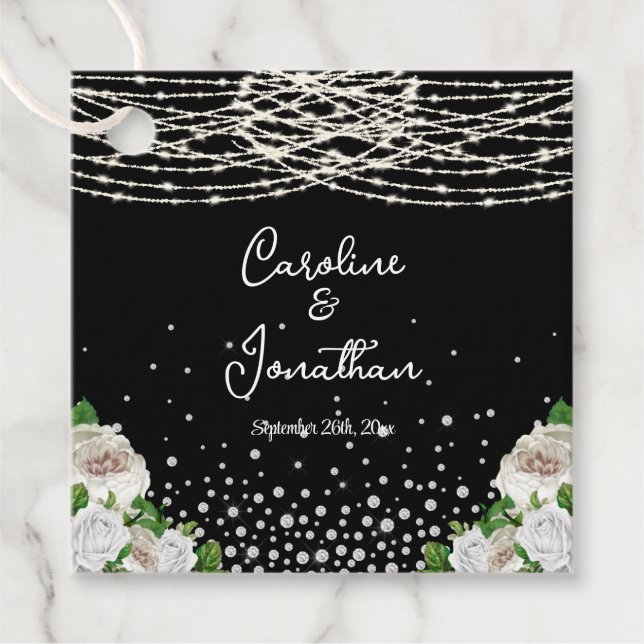 Black Rustic Vit ros String Ljus Bröllop Gåvor Etiketter (Framsida)