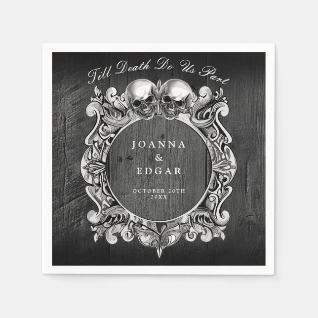 Black Rustic Wood Döskallars Gothic Bröllop Pappersservett (Framsidan)