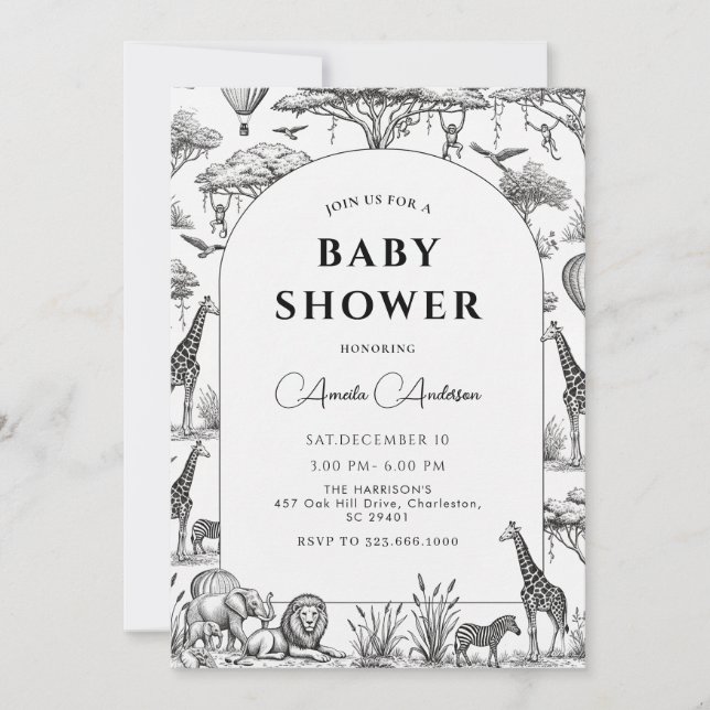 black  Safari Toile De Jouy Boy Baby Shower  Inbjudningar (Framsida)