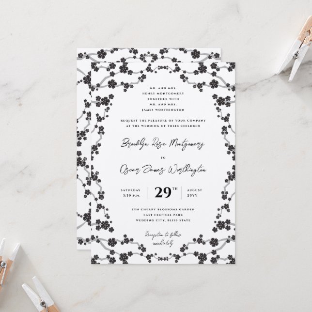 Black Sakura Cherry Blommar Snyggt Asian Bröllop Inbjudningar (Fram/Back In Situ)