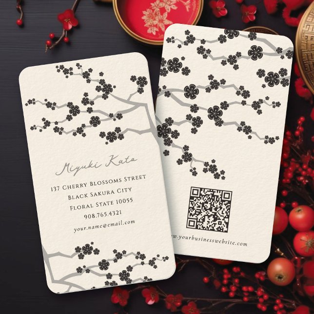 Black Sakura Cherry Blommars Flowers Oriental Zen Visitkort (Stylish Black Sakura Cherry Blossoms Spring Flowers Oriental Zen Business / Profile Card @ fatfatin)