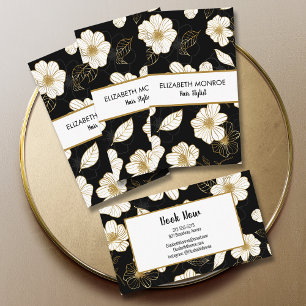 Black Salon Hair Stylist White Guld Flowers Visitkort