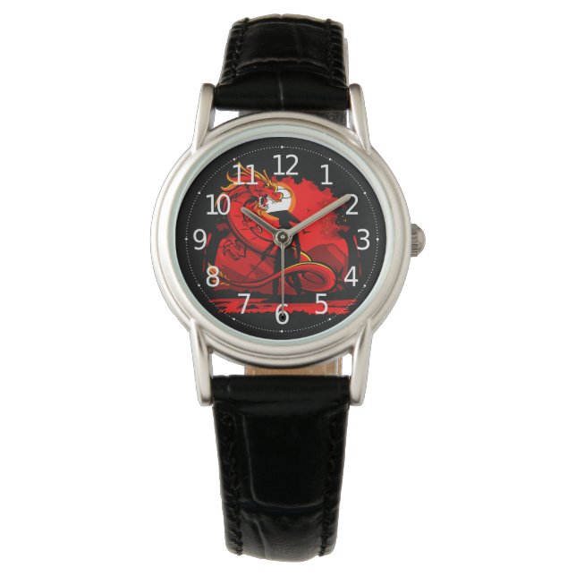 Black Samurai Red Dragon Japansk Stil-teckning | Armbandsur (Framsida)