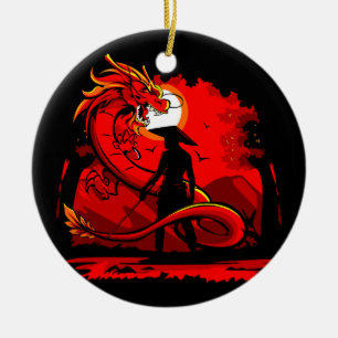 Black Samurai Red Dragon Japansk Stil-teckning Julgransprydnad Keramik