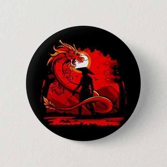 Black Samurai Red Dragon Japansk Stil-teckning | Knapp (Framsida)
