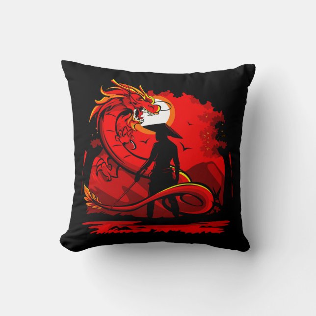 Black Samurai Red Dragon Japansk Stil-teckning | Kudde (Framsida)
