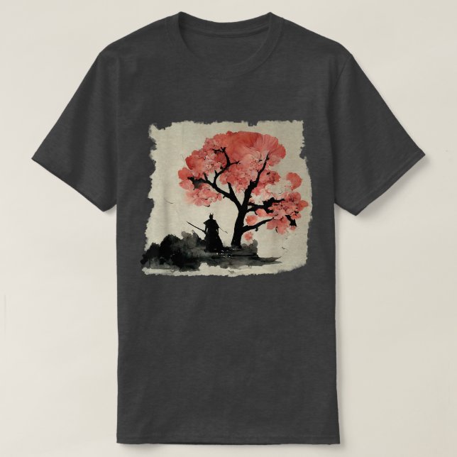 Bläck Samurai under japansk estetik i Sakura Träd T Shirt (Design framsida)