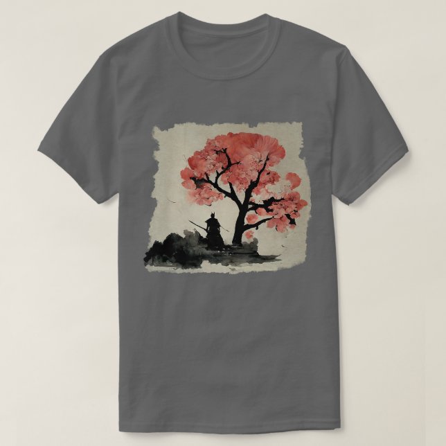 Bläck Samurai under japansk estetik i Sakura Träd T Shirt (Design framsida)
