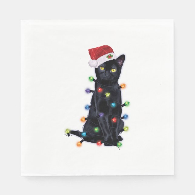 Black Santa Cat med christmas ljus Pappersservett (Framsidan)