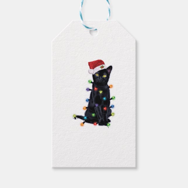Black Santa Cat med christmas ljus Presentetikett (Framsidan)