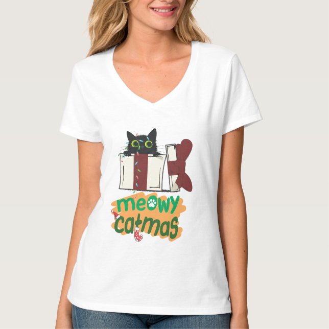 Black Santa Cat som snurrade i Julgran ljus T Shirt (Framsida)