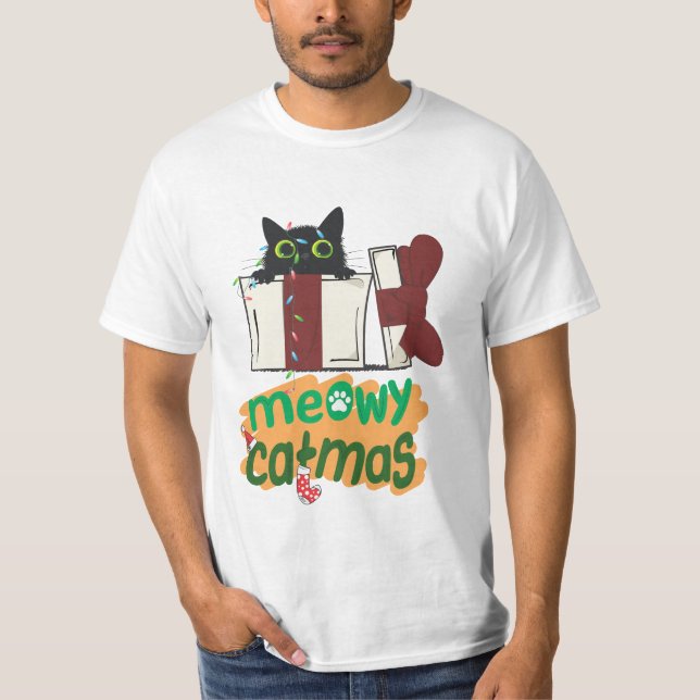 Black Santa Cat som snurrade i Julgran ljus T Shirt (Framsida)