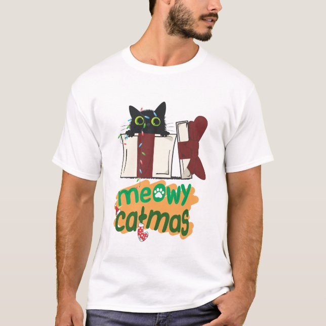 Black Santa Cat som snurrade i Julgran ljus T Shirt (Framsida)
