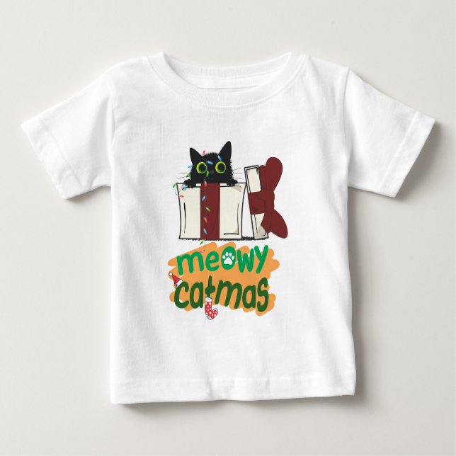 Black Santa Cat som snurrade i Julgran ljus T Shirt (Framsida)