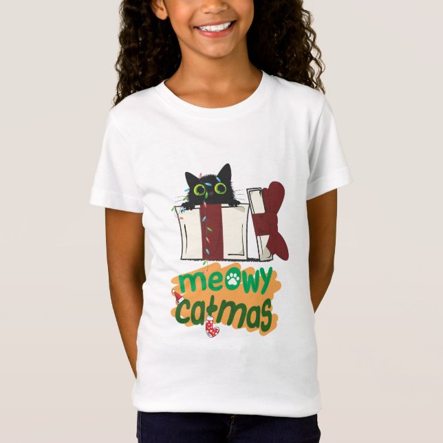 Black Santa Cat som snurrade i Julgran ljus T Shirt (Framsida)