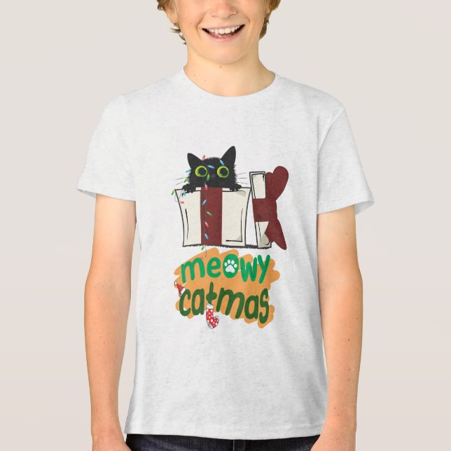 Black Santa Cat som snurrade i Julgran ljus T Shirt (Framsida)