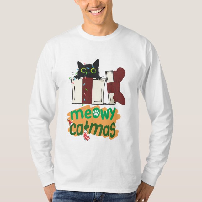 Black Santa Cat som snurrade i Julgran ljus T Shirt (Framsida)