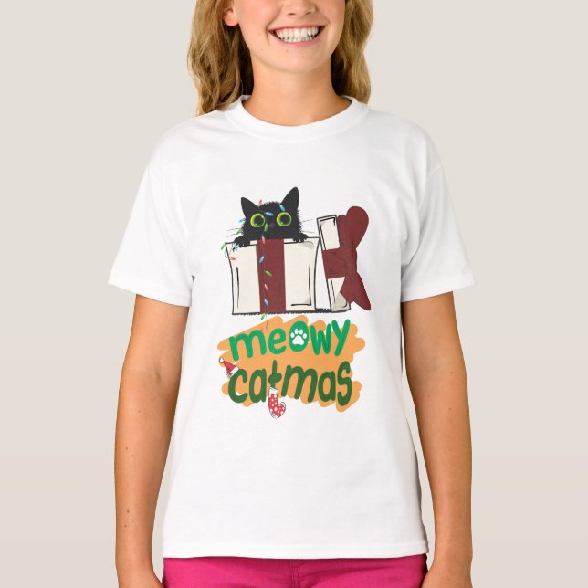 Black Santa Cat som snurrade i Julgran ljus T Shirt (Framsida)