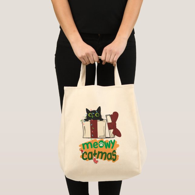 Black Santa Cat som snurrade i Julgran ljus Tygkasse (Framsida (produkt))
