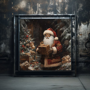 Black Santa Placing Presenter under Majestic Träd Poster