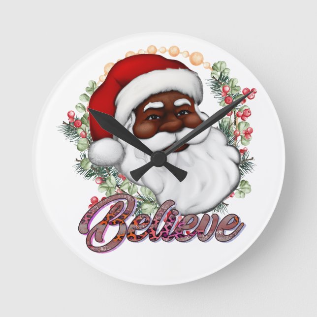 Black Santa Tro Melanin Man jul Cheer Rund Klocka (Framsida)