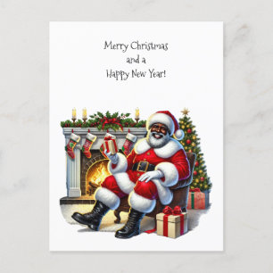 Black Santa with Fireplace, Stockings, Träd Helg Vykort