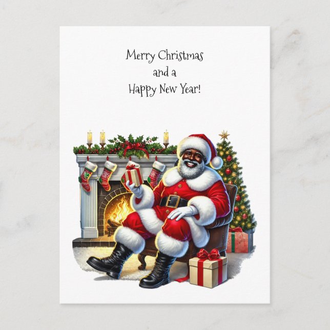 Black Santa with Fireplace, Stockings, Träd Helg Vykort (Framsida)