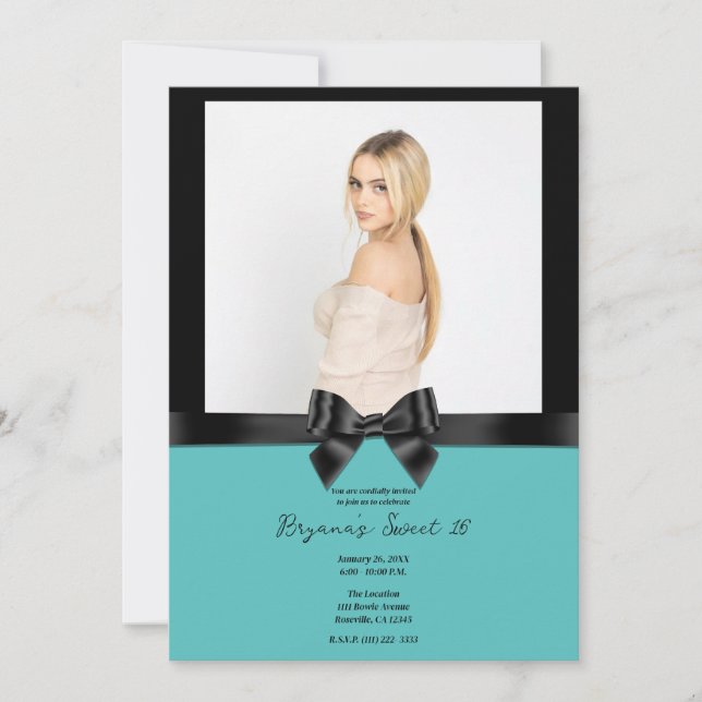 Black Satin Bow Teal Turcos Photo Sweet 16 Inbjudningar (Framsida)