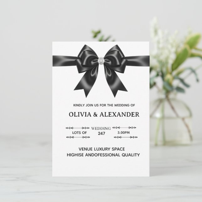 Black Satin Bow Wedding Invitation | Elegant Ribbo Inbjudningar (Stående Fram)