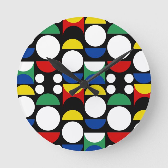 Black Scandinavian Bauhaus Mid-Century Mönster Rund Klocka (Framsida)