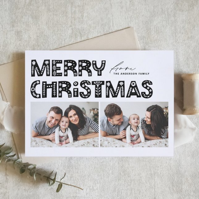 Black Scandinavian Two Photo jul Helgkort (Black Scandinavian Two Photo Collage Christmas Holiday Card)