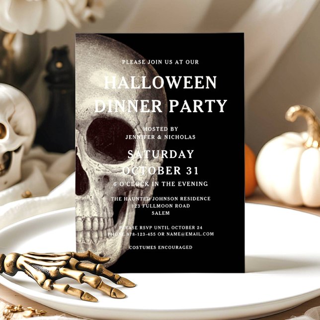 Black Scary Skull Vuxen Halloween Middag Party Inbjudningar (Black Scary Skull Adult Halloween Dinner Party Invitation)