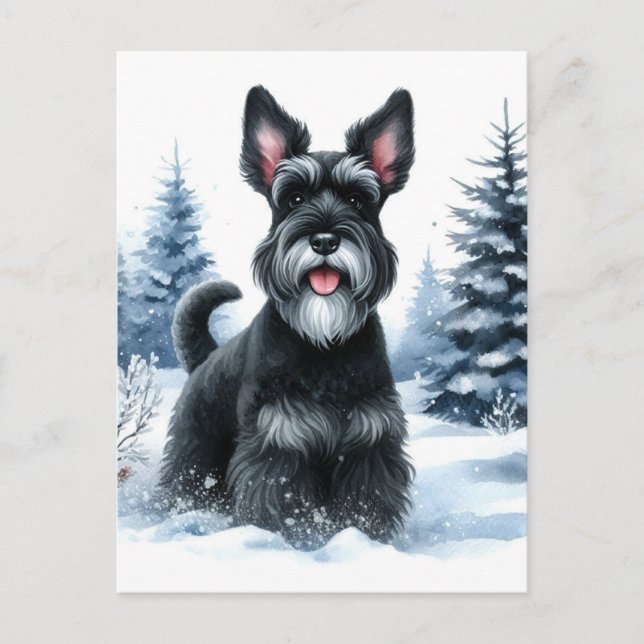 Black Schnauzer Winter Watercolor Art Vykort (Framsida)