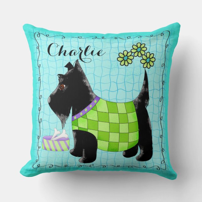 Black Scottie Hund Namn Personalize Turcouise Kudde (Framsida)