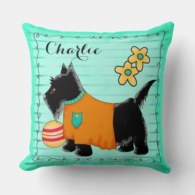 Black Scottie Hund Namn Personlig Teal Grönt Kudde (Framsida)