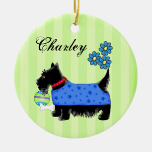 Black Scottie Terrier Hund Namn Personlig Grönt Julgransprydnad Keramik