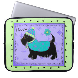 Black Scottie Terrier Hund Namn Personlig Grönt Laptop Sleeve