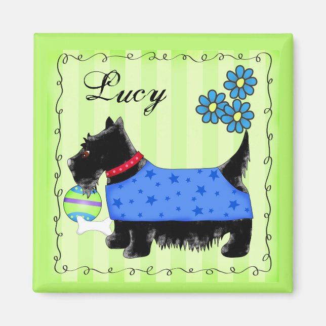 Black Scottie Terrier Hund Namn Personlig Grönt Magnet (Framsidan)