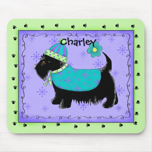 Black Scottie Terrier Hund Namn Personlig Grönt Musmatta (Framsidan)