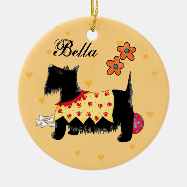 Black Scottie Terrier Hund Namn Personlig Gult Julgransprydnad Keramik (Framsidan)