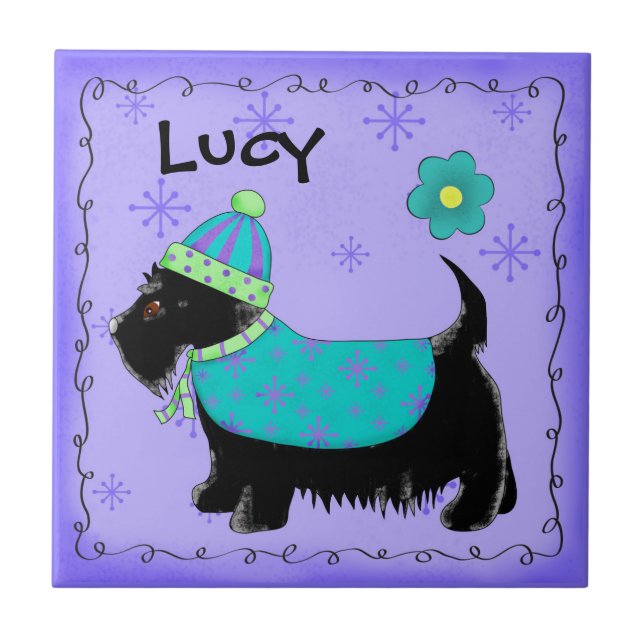 Black Scottie Terrier Hund Namn Personlig Lila  Kakelplatta (Framsidan)