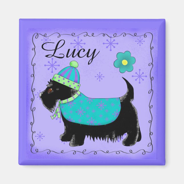 Black Scottie Terrier Hund Namn Personlig Lila  Magnet (Framsidan)