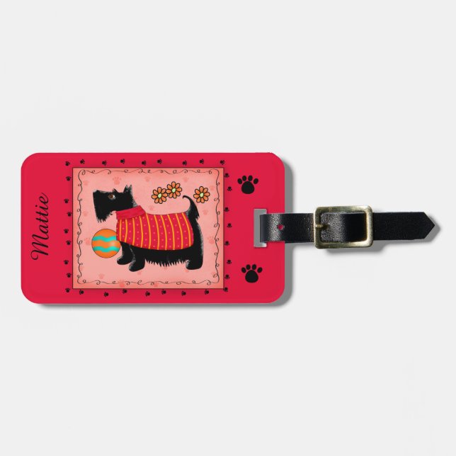 Black Scottie Terrier Hund Namn Personlig Red Bagagebricka (Horisontell Framsida)