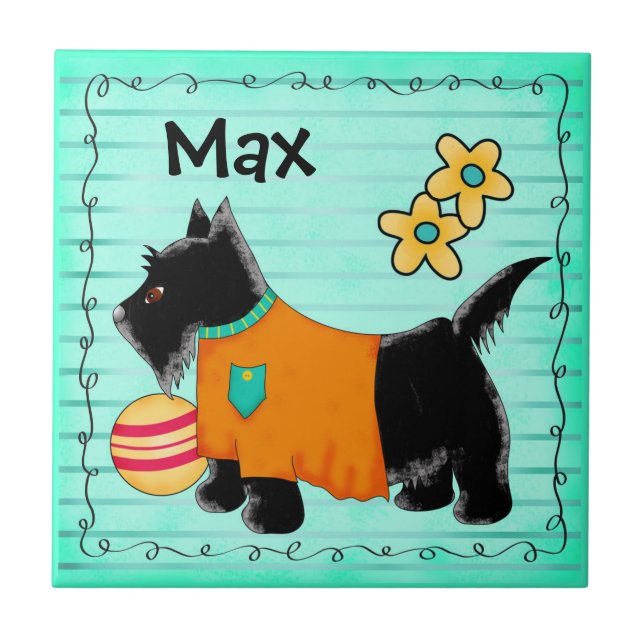 Black Scottie Terrier Hund Namn Personlig Teal Kakelplatta (Framsidan)