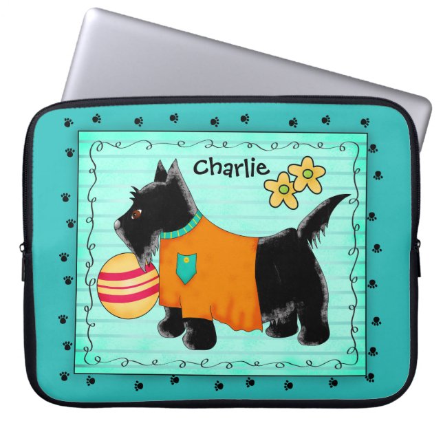 Black Scottie Terrier Hund Namn Personlig Teal Laptop Fodral (Framsidan)