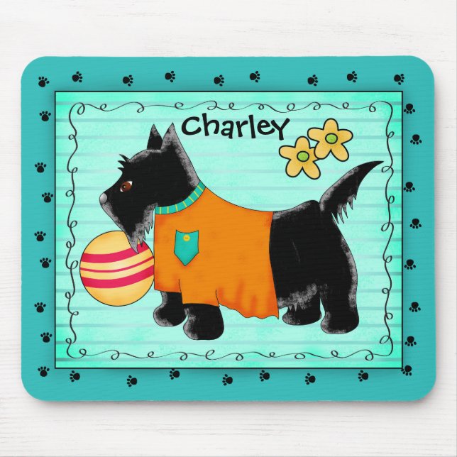 Black Scottie Terrier Hund Namn Personlig Teal Musmatta (Framsidan)